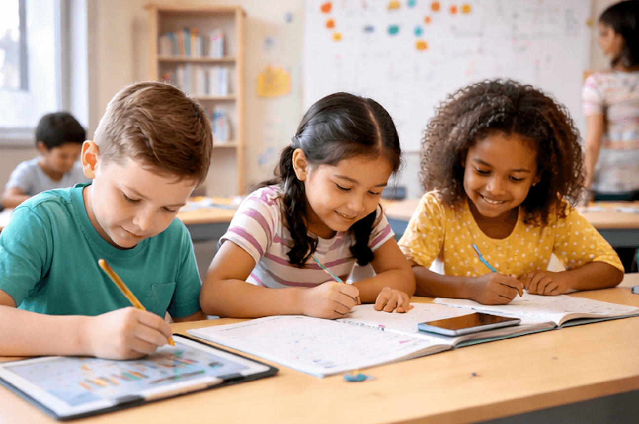 Primary school children working at their desks in a classroom