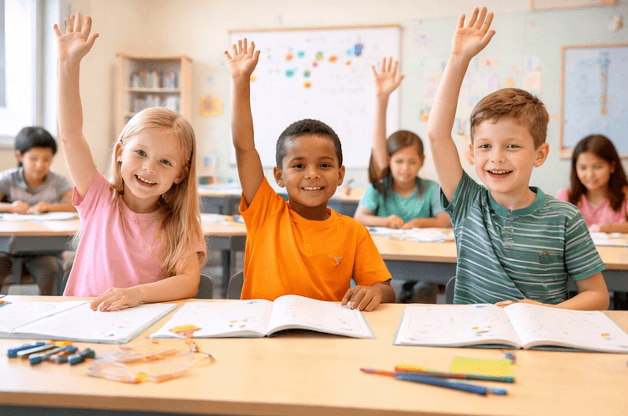 UK primary school children learning in a colourful classroom