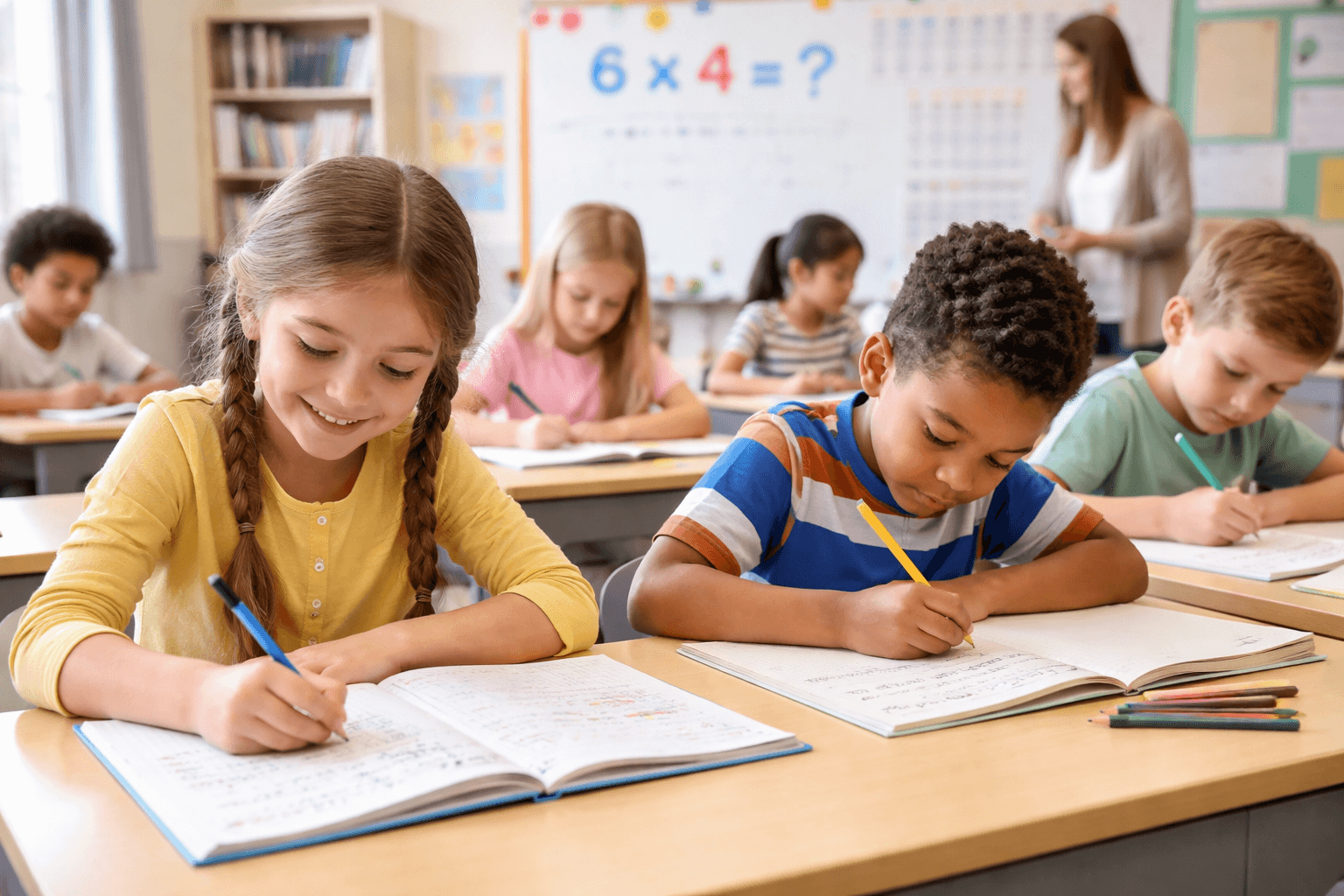 Child working calmly at their desk in a primary school classroom