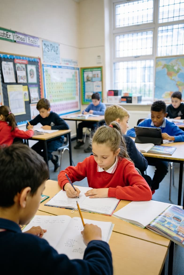 Primary school children focused on their work at desks