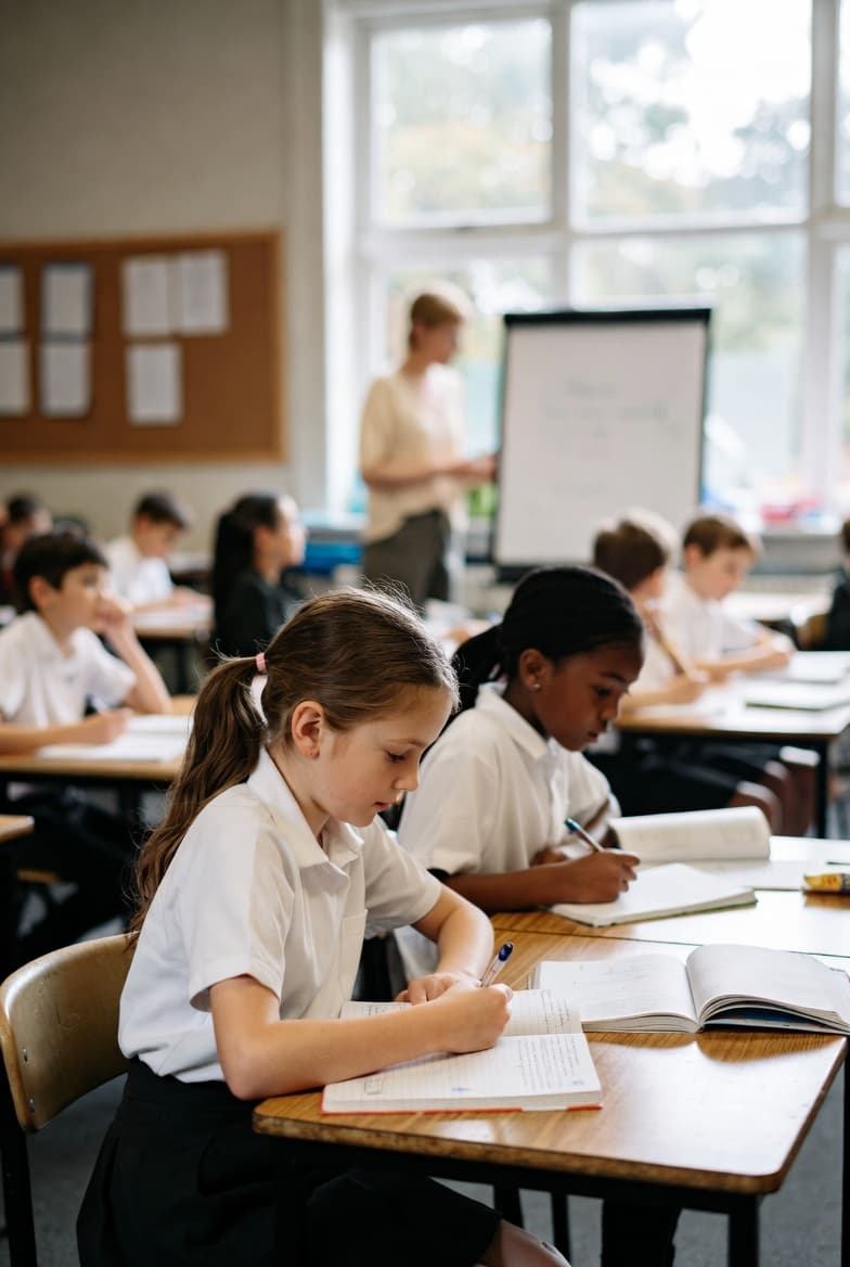 Primary school pupils working independently at their desks