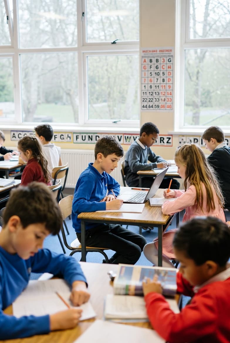 Primary school children concentrating in class