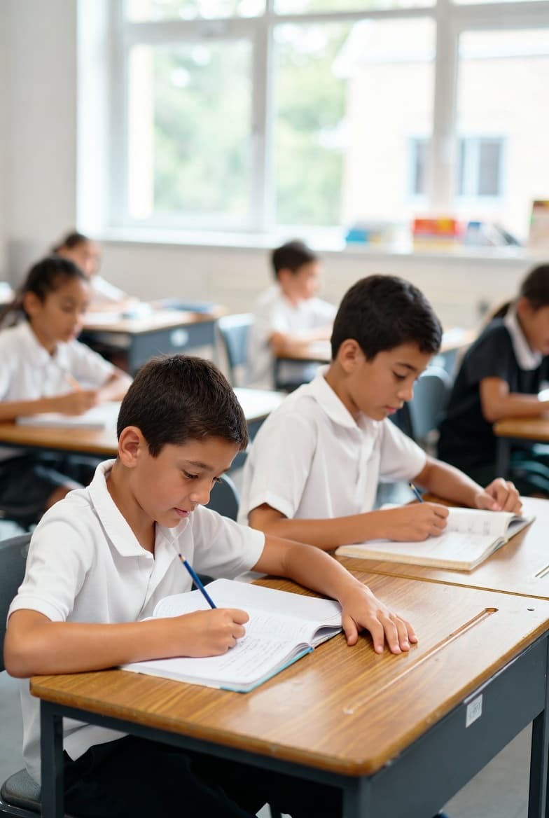 Primary school children writing in their exercise books